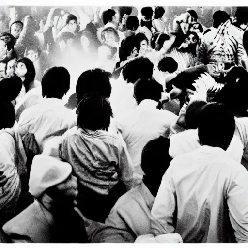 Image similar to A mosh pit, frantic, chaotic, b&w, are bure boke, by Daido Moriyama