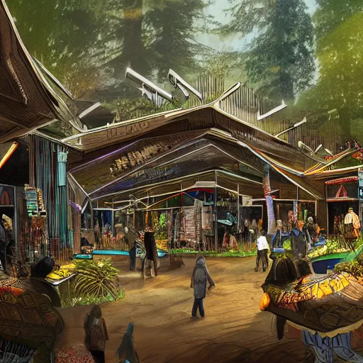 Image similar to maori tlingit forest bazaar, science fiction concept art