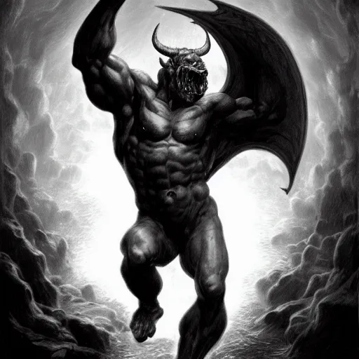 Prompt: full body, grayscale, Gustave Dore, muscled humanoid balrog beast, horns, heroic pose, swirling flames