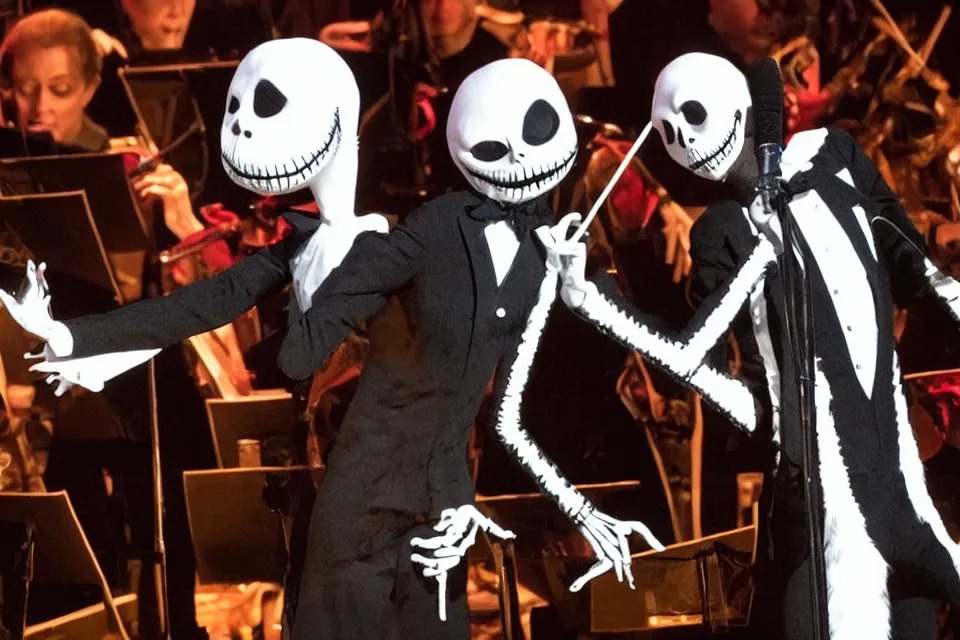 Prompt: Danny Elfman performing a duet with Jack Skellington with an orchestra of the dead