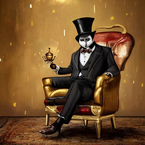 Prompt: oil painting of grumpy rich steampunk penguin sitting on fancy chair, wearing top hat, holding gold, sharp focus, fantasy style, steampunk factory background, steampunk atmosphere, factory background, factory atmosphere, , octane render, volumetric lighting, 8k high definition, by greg rutkowski, highly detailed, trending on art Station, centered