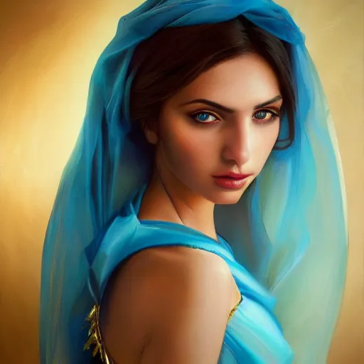 Image similar to detailed painting of a beautiful young Greek female wearing a blue dress with veil by Stanely Artgerm, crystal blue eyes, gold jewellery, long pearly black hair, majestic, beauty, dramatic light, turquoise color scheme, face portrait, ultra realistic, hyper realistic, fantasy, hdr, Trending on Artstation