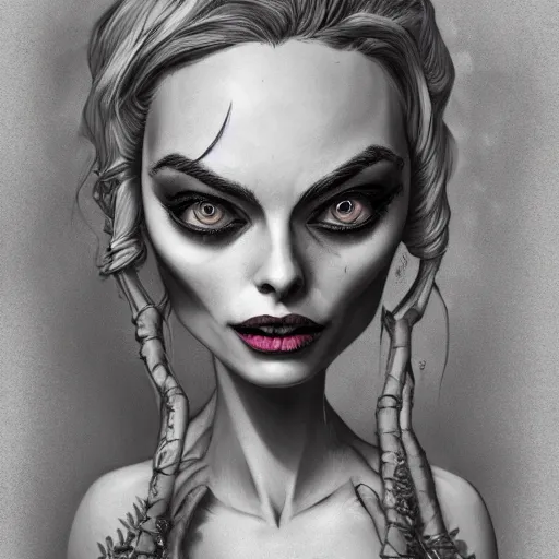 Image similar to michael karcz grunge drawing of margot robbie. , in the style of corpse bride, loony toons style, horror themed, detailed, elegant, intricate, trending on artstation, 4k