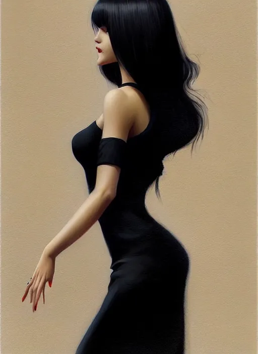 Prompt: photo of a gorgeous young woman in the style of stefan kostic, black hair, black dress, full body realistic, sharp focus, 8k high definition, insanely detailed, intricate, elegant, art by stanley lau and artgerm