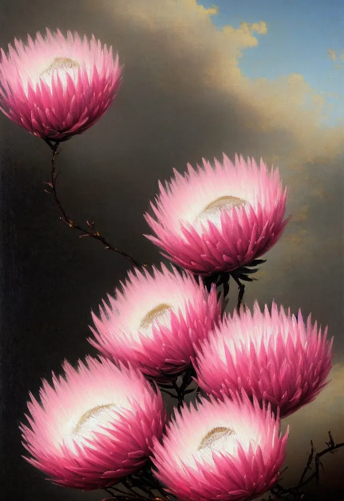 Image similar to detailed pink and white proteas against a black backdrop by ivan aivazovsky, detailed brush strokes, oil painting, artstation