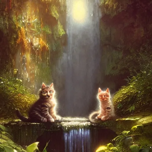 Image similar to two kittens watching the waterfall in the enchanted forest, fantasy, intricate, extremely detailed, face enhance, matte, artstation, art by greg rutkowski, louis wain, alan lee