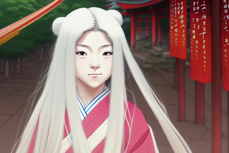 Image similar to portrait of a young japanese girl with long white hair in traditional clothing at a shinto shrine, fine detailed features, trending on pixiv fanbox, ilya kuvshinov makoto shinkai takashi takeuchi studio ghibli, akihiko yoshida, 4 k