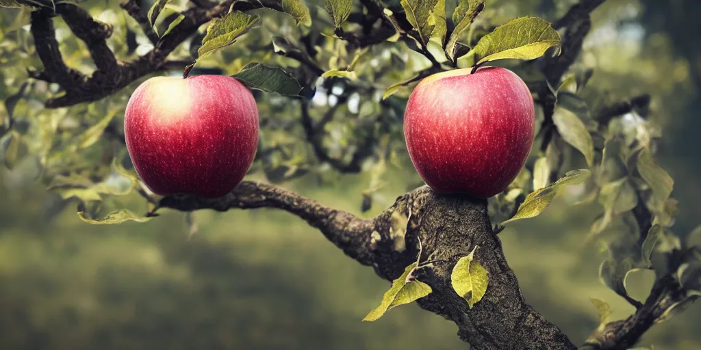 Image similar to a close - up photographic picture of an apple on a tree, photographic filter, unreal engine 5, realistic, hyperdetailed, 8 k, cinematic, volumetric lighting, very realistic effect, hd, hdr, 4 k, sharp focus, octane render, ultra detailed, high resolution, trending on artstation in the style of albert dros glowing rich colors powerful imagery