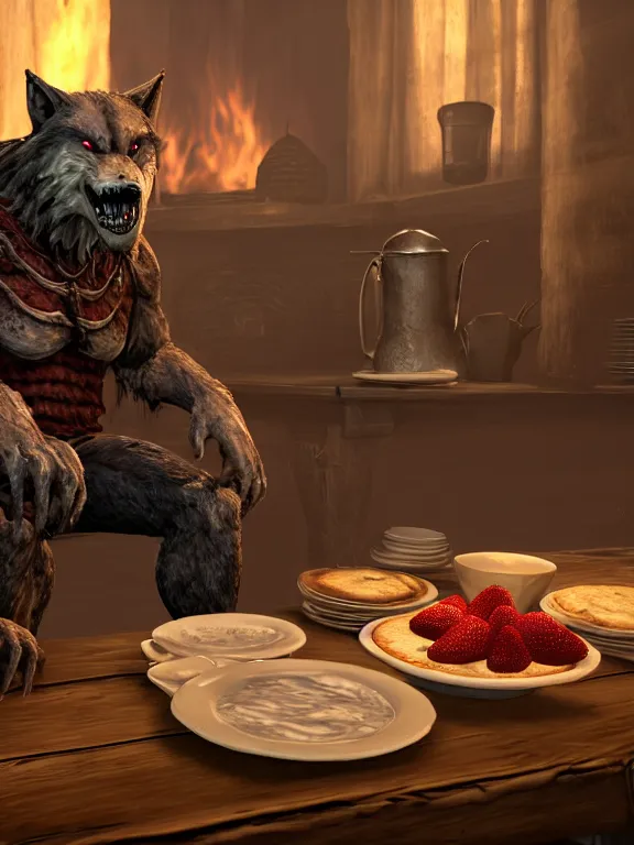 Image similar to cute handsome cuddly burly surly relaxed calm timid werewolf from van helsing sitting down at the breakfast table in the kitchen of a normal country home cooking having fun lighthearted whimsy whimsical baking strawberry tart cakes unreal engine hyperreallistic render 8k character concept art masterpiece screenshot from the video game the Elder Scrolls V: Skyrim