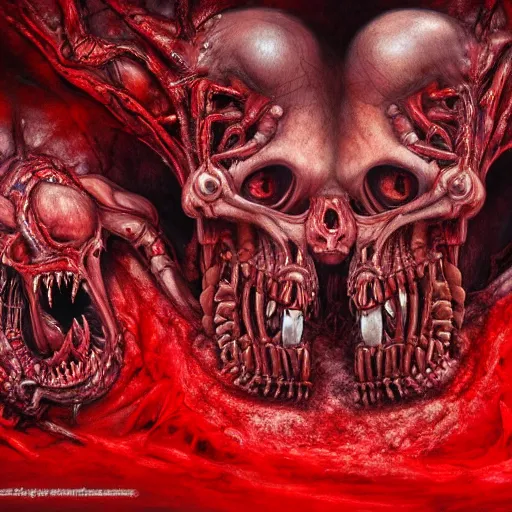 Image similar to conjoined demon twins emerging from corpses in a red hellscape covered in blood by Yoshitaka Amano, by HR Giger, biomechanical, 4k, hyper detailed, hyperrealism, anime, red sky, blood and body parts, deviantart, artstation