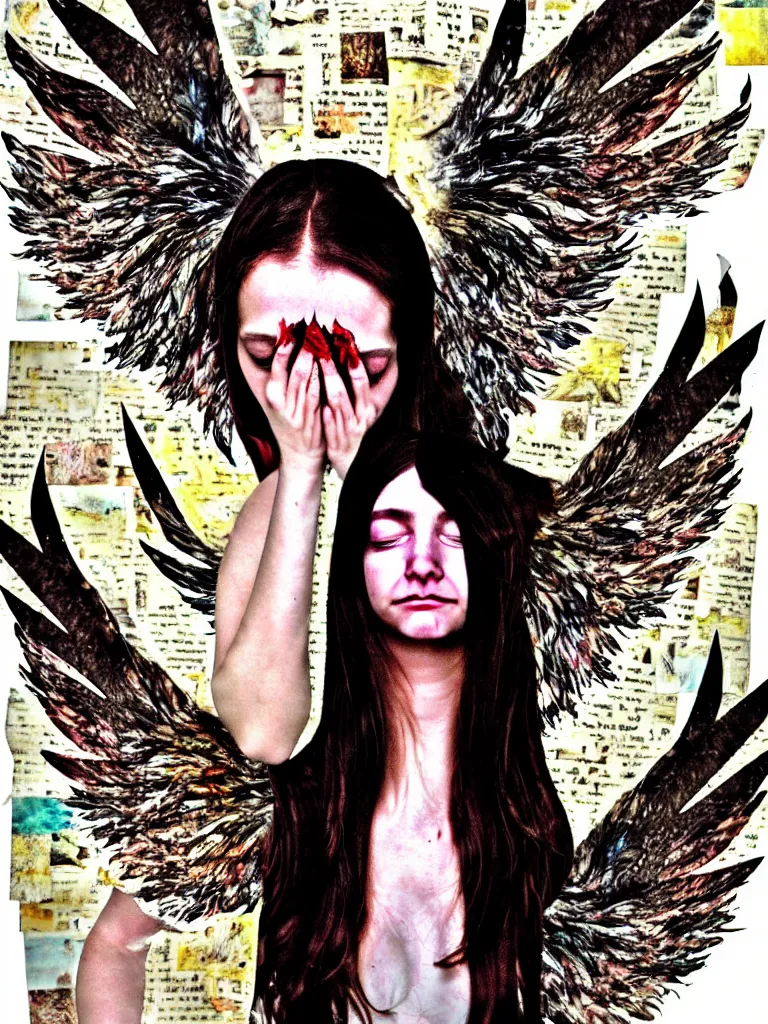 Image similar to a young adult angelgirl soft crying with lots of hands on her face and ratty feathered angel wings, stressed and burnt out, collage effect, collaged, torn paper, torn paper collage, overexposure, overexposed, high exposure