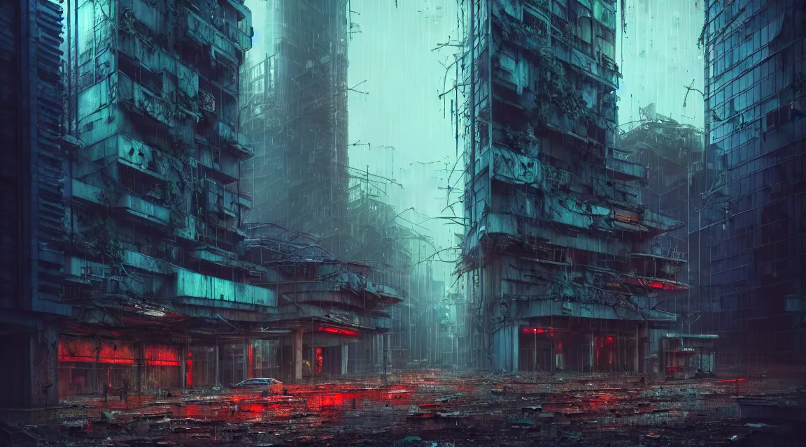 Prompt: post apocalyptic city building, raining, building, avenue, modern contemporary urban americana concrete architecture, by pascal blanche, neil blevins, cyberpunk color scheme, trending on artstation, photorealistic, neon ambiance, ultra detailed, high definition, depth of field, bokeh, rubble, wild vegetation, blood stains, building crumbling, post - apocalyptic warriors