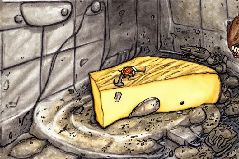 Image similar to a giant creepy rat eating cheese in a sewer, photo - realistic, hyper realism,