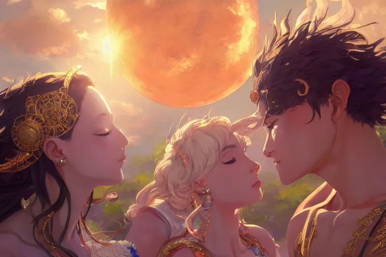 Image similar to close up moment of a divine a sun god and a moon goddess lovers magician at a wedding banquet, highly detailed, d & d, fantasy, 4 k realistic, digital painting, trending on artstation, concept art, sharp focus, illustration, art by makoto shinkai and akihiko yoshida and daniel gerhartz