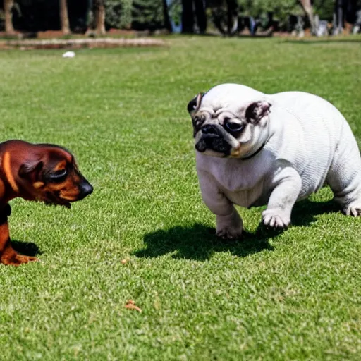 Prompt: A tardigrade and a daschund play together in a dog park