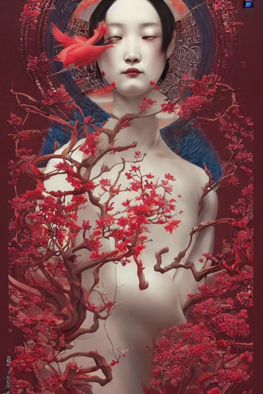 Image similar to breathtaking detailed red gardian mao baby in glace sphere no futur taiwan concept art painting art deco pattern of birds goddesses amalmation flowers, by hsiao ron cheng, tetsuya ichida, bizarre compositions, exquisite detail, extremely moody lighting, 8 k, art nouveau, old chines painting