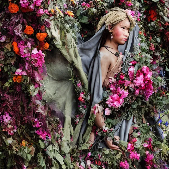 Image similar to an oni wearing a cloak made of flowers, by Omar Z. Robles, CANON Eos C300, ƒ1.8, 35mm, 8K, medium-format print