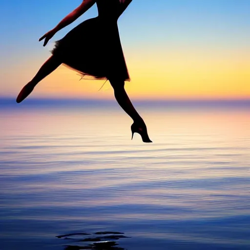 Prompt: a woman dancing over the ocean, beautiful, surreal dress