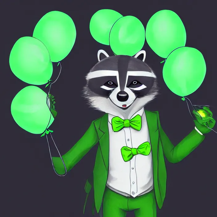 Prompt: an anthropomorphic neon green male raccoon fursona with a black tie holding a blue balloon by its string, photo, furry art, cute, 8 k