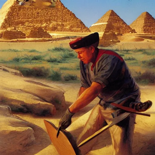Image similar to painting of a man cutting wood in front of egypt pyramids, painted by drew struzan