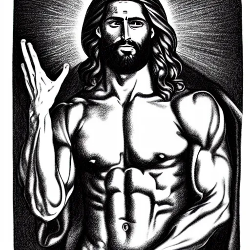 Image similar to gigachad benediction, gigachad jesus, muscles, pointing to heaven, pencil art, holy iconography