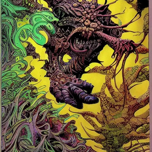 Prompt: madness creature, fluid, smooth, organic, crazy, bright, colours, tumours, high contrast, sharpness, dramatic, very detailed, intricate, by geoff darrow and jack kirby and barry windsor - smith and dave mckean