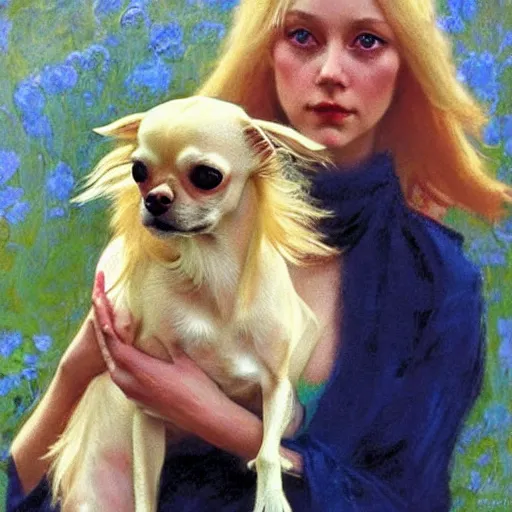 Prompt: beautiful blonde woman, blue eyes, intricate, elegant, highly detailed, holding old long haired chihuahua, greg manchess, mucha, liepke, ruan jia, jeffrey catherine jones, ridley scott