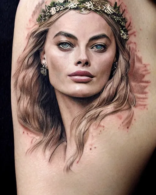 Image similar to realism tattoo sketch of margot robbie as a beautiful greek goddess aphrodite with piercing eyes wearing a laurel wreath and triangle earrings, in the style of greg rutkowski, amazing detail