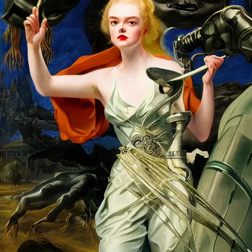 Image similar to Elle Fanning fighting a green ghost, retro-futurism, horror, by J. C. Leyendecker and Peter Paul Rubens, Extremely detailed. 8K. Award winning.