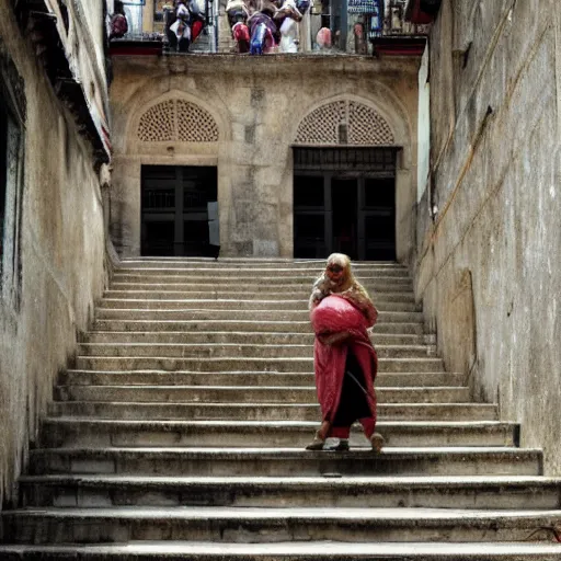 Image similar to a blonde woman with a fat Indian woman holding a rollator on steps in Porto, greg rutkowski