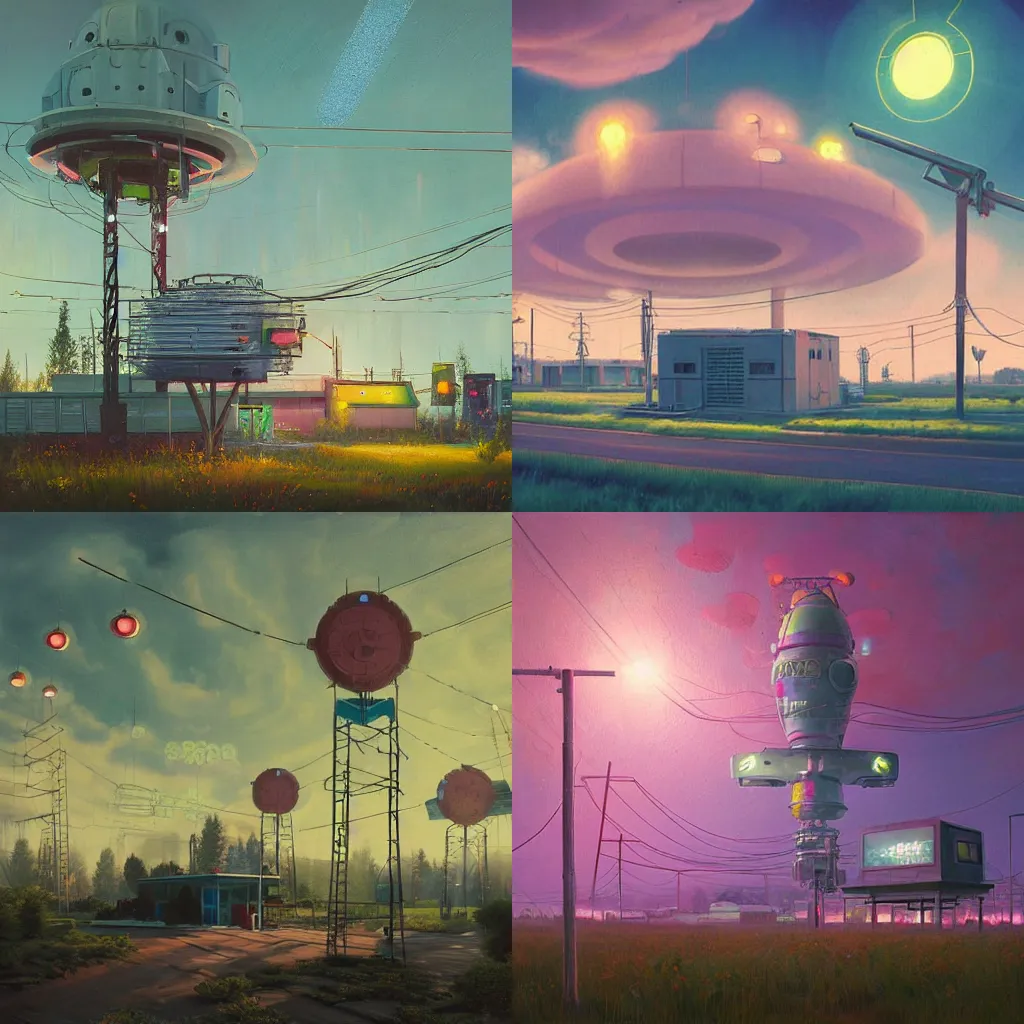 Prompt: detailed painting of a satellite station, exterior, floral ornaments, volumetrics lights, beam of bright lights through the clouds, simon stalenhag