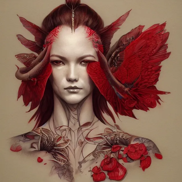 Image similar to ultra realistic illustration, beautifulwoman dressed in red kimono, backview, tattoos, in the style of peter mohrbacher by weta digital and beth cavener, high face symmetry, intricate, masterpiece, award winning, high face symmetry, intricate