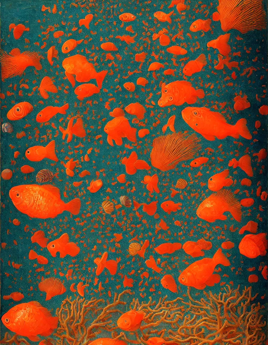 Image similar to transparent vase of coral in the sky and under the sea decorated with a dense field of stylized scrolls that have opaque orange outlines, with colorful shells and orange fishes, ambrosius benson, oil on canvas, hyperrealism, light color, no hard shadow, around the edges there are no objects