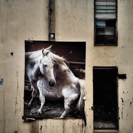 Image similar to “photo of a ripped, filthy dirty off-white t-shirt with the picture of a horse on it, hanging on a dirty concrete wall in a dark room with the floor covered in trash and garbage. Flash photo. Cursed image.”