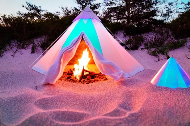 Prompt: a vintage family holiday photo of an empty beach from an alien dreamstate world with chalky pink iridescent!! sand, reflective lavender ocean water and a pale igloo shaped plastic transparent bell tent next to firepit with open blue flame. refraction, volumetric, light.