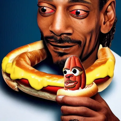 Image similar to a hotdog with the face of snoop dogg inside it