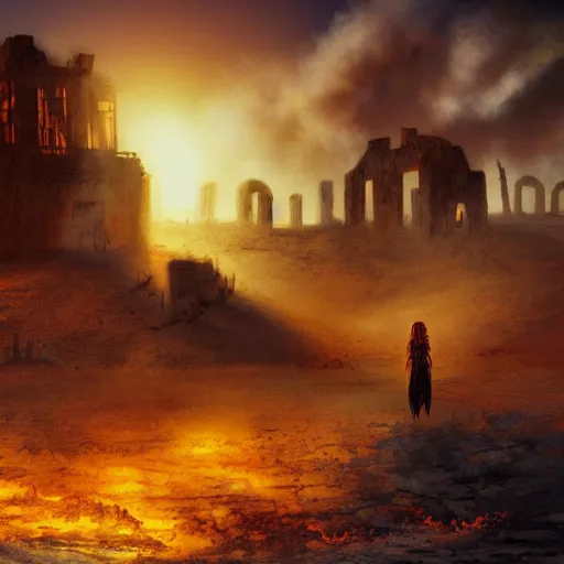 Prompt: apocalyptic burning desert landscape with ruins, warm backlit, anime