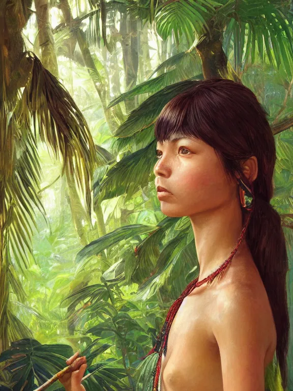 Prompt: an ultradetailed beautiful portrait painting of an female tribe native standing in a tropical jungle, side view, oil painting, high resolution, by ilya kuvshinov, greg rutkowski and makoto shinkai
