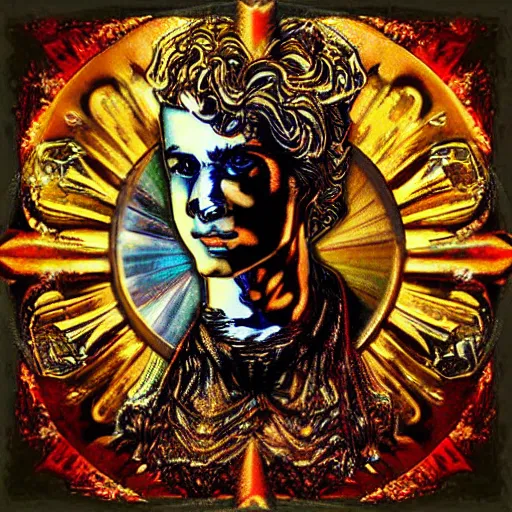 Prompt: golden god of a technicolor steampunk effervescent sun