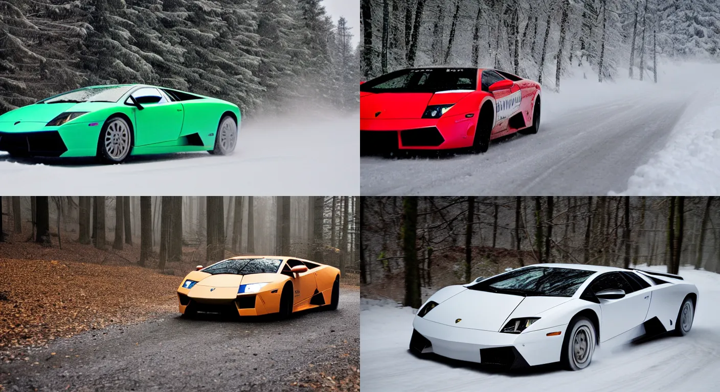 Prompt: a 2 0 1 0 lamborghini murcielago lp 6 7 0 - 4 sv, racing through a rally stage in a snowy forest