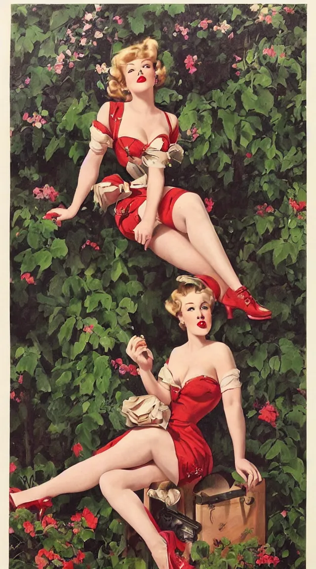 Image similar to a portrait one full body pin up post war dressing a military unioform,garden backgound Gil Elvgren style