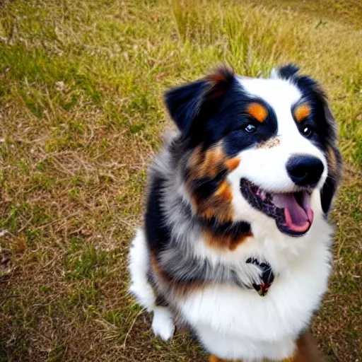 Prompt: australian shepherd being a good boy, inferno