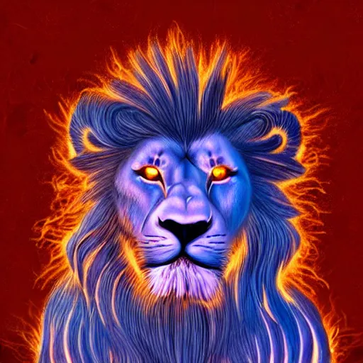 Prompt: a magical lion made of fire surrounded by glowing white runes. by sam kanios