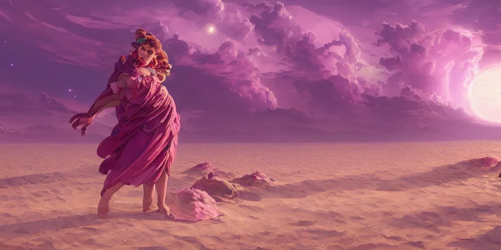 Prompt: landscape of magenta seaside a fine beach of sand with a gas giant in the heavens above, art by artgerm and greg rutkowski and alphonse mucha, concept art, octane render, unreal engine 5, highly detailed, high quality, 8 k, soft lighting, realistic face, path traced