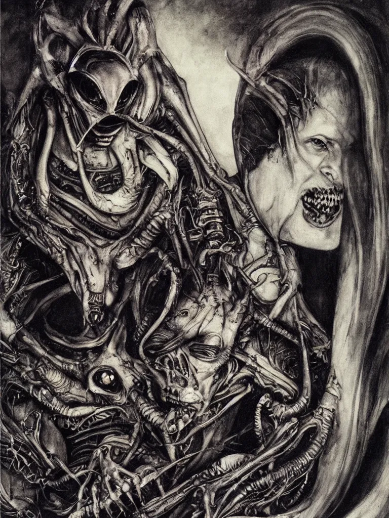 Image similar to a beautiful portrait of david bowie with a xenomorph alien queen by h.r. giger and by arthur rackham, detailed, proportional, trending on art station, 4k