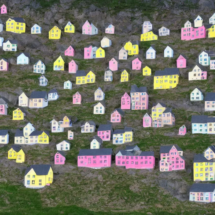Prompt: little boxes on the hillside little boxes made of ticky tacky little boxes on the hillside little boxes all the same there's a pink one and a green one and a blue one and a yellow one, children's pencil drawing