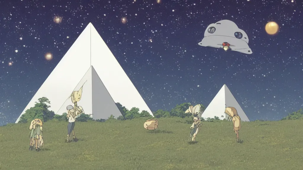 Image similar to a movie still from a studio ghibli film showing a floating large white pyramid with a gold gapstone, a grey alien, and a ufo on a misty and starry night. by studio ghibli