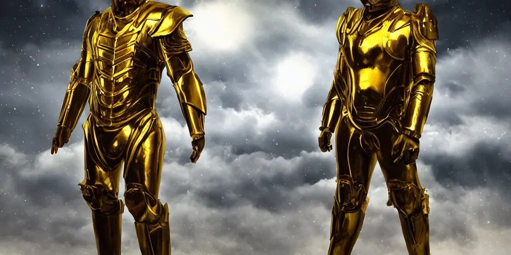Prompt: zeus in his golden scifi armor ready for a battle, stormy sky,