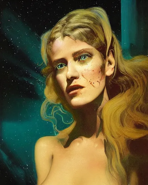 Image similar to a beautiful and eerie baroque painting of a gorgeous young woman in dead space, with wild blonde hair and haunted eyes, 1 9 7 0 s, space station, neon light showing injuries, delicate ex embellishments, painterly, offset printing technique, by brom, robert henri, walter popp