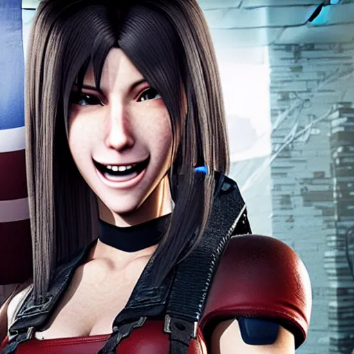 Image similar to Tifa Lockhart from Final Fantasy VII Remake (2020) laughing with the Italian flag in the background